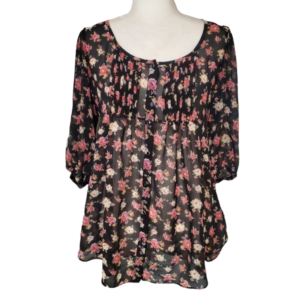 Guess Black Floral Print Button Down 3/4 Sleeve Sheer Blouse Size Small